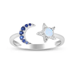Moon & Star Opal, Sapphire And Diamond Accent Ring In 10K White Gold