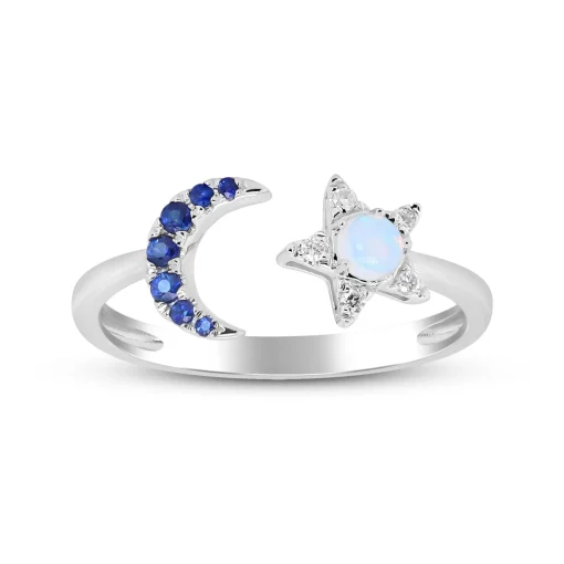 Moon & Star Opal, Sapphire And Diamond Accent Ring In 10K White Gold