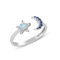 Moon & Star Opal, Sapphire And Diamond Accent Ring In 10K White Gold
