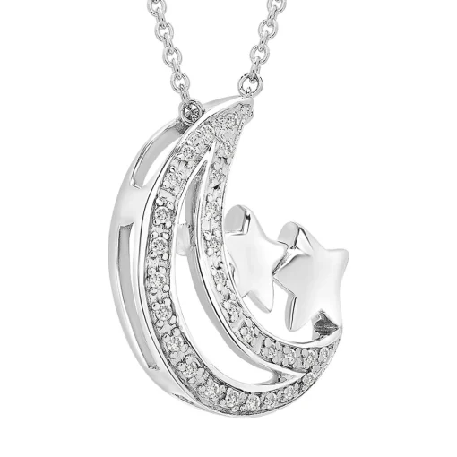 Moon & Stars Pendant With Diamond Accents In Sterling Silver