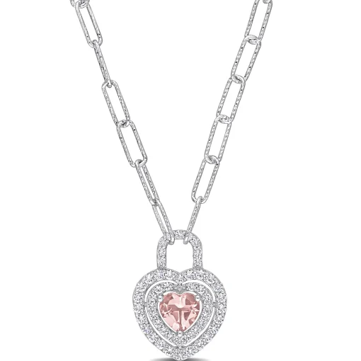 Morganite And Lab Created White Sapphire Heart Necklace In Sterling Silver