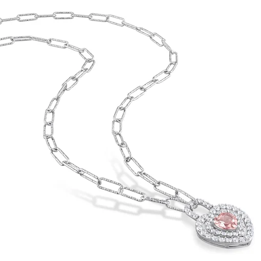 Morganite And Lab Created White Sapphire Heart Necklace In Sterling Silver