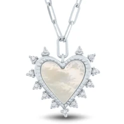 Mother Of Pearl And Lab-Created White Sapphire Heart Burst Pendant In Sterling Silver