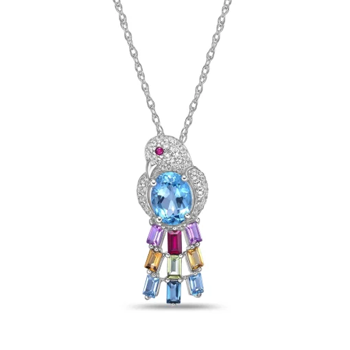 Multi-Gemstone Bird Pendant In Sterling Silver