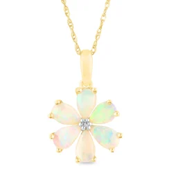 Opal And Diamond Accent Flower Pendant In 10K Yellow Gold