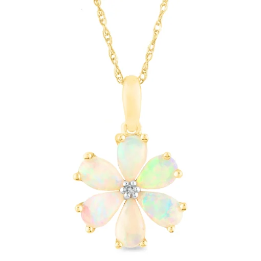 Opal And Diamond Accent Flower Pendant In 10K Yellow Gold