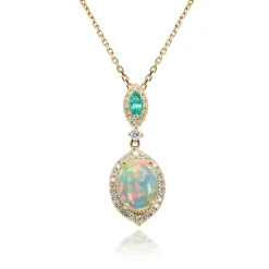 Opal, Emerald & Diamond Pendant In 10K Yellow Gold (1/5 Ct. Tw.)