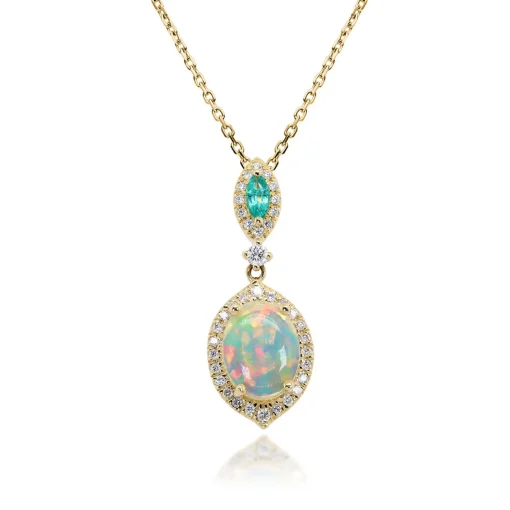 Opal, Emerald & Diamond Pendant In 10K Yellow Gold (1/5 Ct. Tw.)