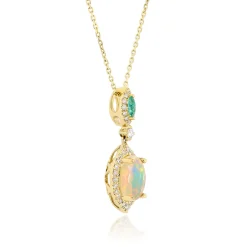 Opal, Emerald & Diamond Pendant In 10K Yellow Gold (1/5 Ct. Tw.)