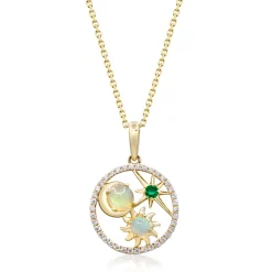 Opal, Emerald And Diamond Pendant In 10K Yellow Gold (1/8 Ct. Tw.)