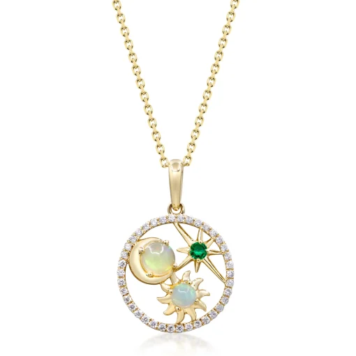 Opal, Emerald And Diamond Pendant In 10K Yellow Gold (1/8 Ct. Tw.)