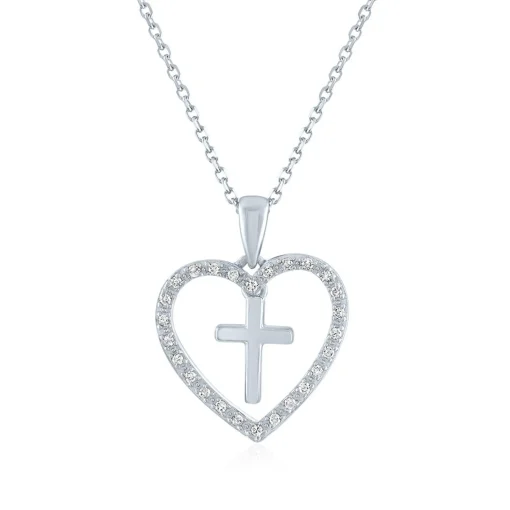 Open-Heart Cross Pendant In Sterling Silver (1/10 Ct. Tw.)