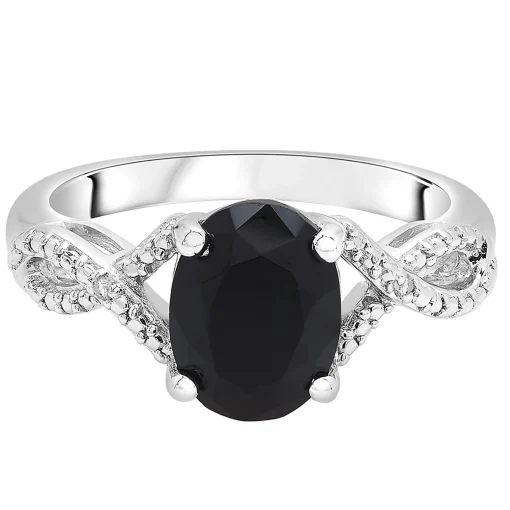 Oval Black Onyx Ring With Diamond Accents In Sterling Silver