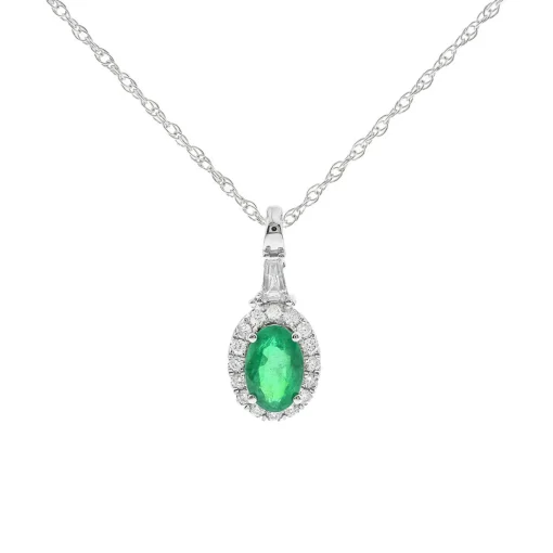 Oval Emerald & Diamond Pendant In 10K White Gold (1/7 Ct. Tw.)