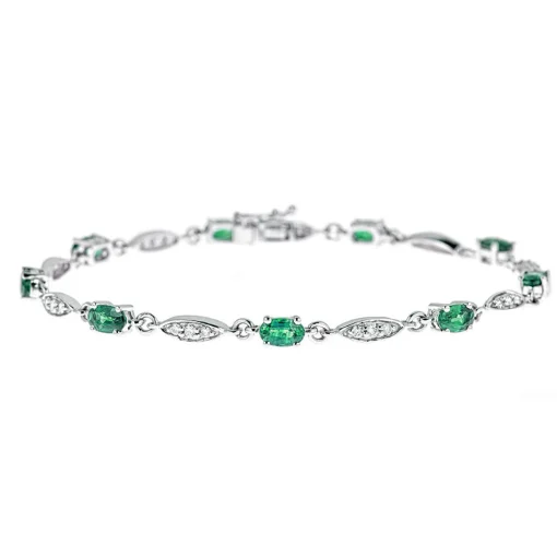 Oval Emerald And Diamond Bracelet In 10K White Gold (1/3 Ct. Tw.)