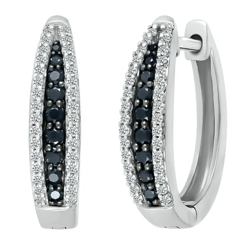 Oval Hoop Earring With Black & White Diamonds In Sterling Silver (1/2 Ct. Tw.)