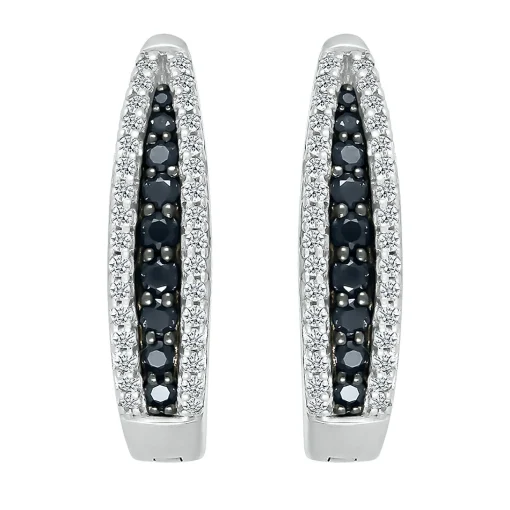 Oval Hoop Earring With Black & White Diamonds In Sterling Silver (1/2 Ct. Tw.)