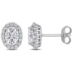 Oval Moissanite Stud Earrings With Halo In Sterling Silver (2 1/3 Ct. Tw.)