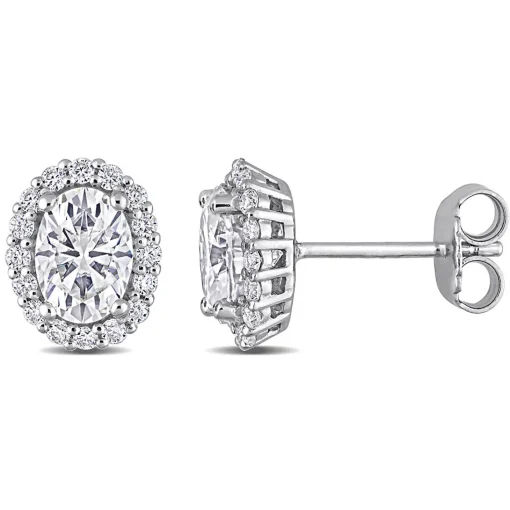 Oval Moissanite Stud Earrings With Halo In Sterling Silver (2 1/3 Ct. Tw.)