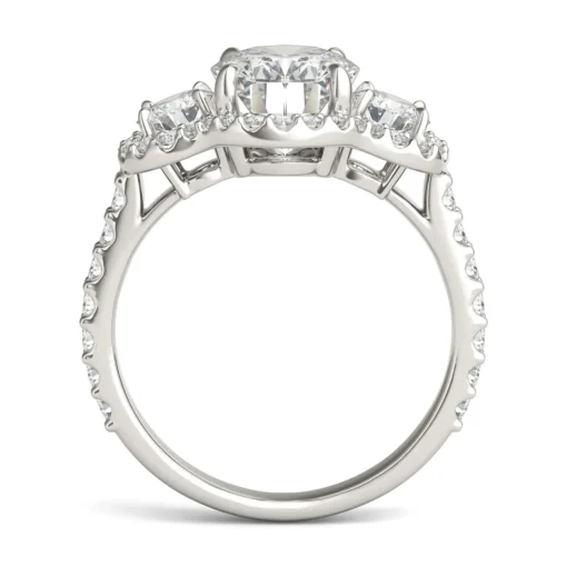 Oval Moissanite Three-Stone Ring With Halo In 14K White Gold