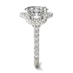 Oval Moissanite Three-Stone Ring With Halo In 14K White Gold