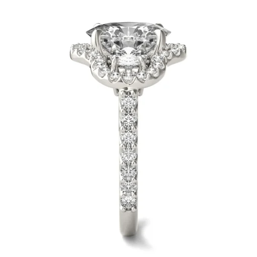 Oval Moissanite Three-Stone Ring With Halo In 14K White Gold