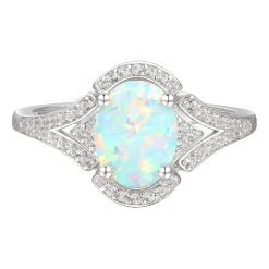 Oval Opal & Lab Created White Sapphire Earring, Pendant & Ring Set In Sterling Silver