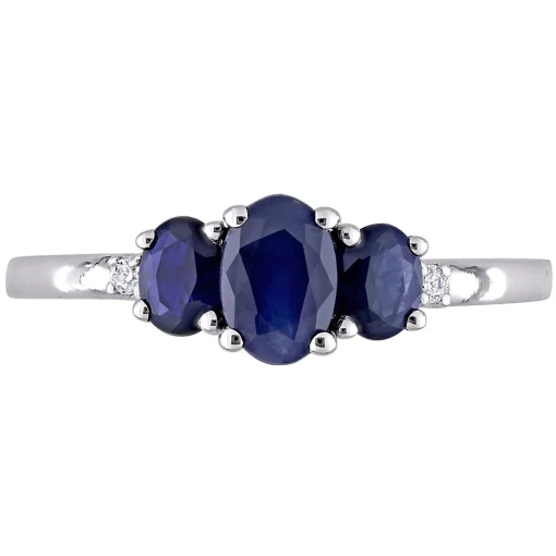 Oval Three-Stone Blue Sapphire Ring In 10K White Gold