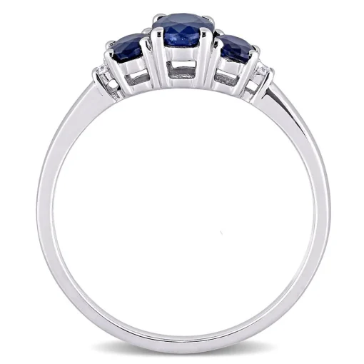 Oval Three-Stone Blue Sapphire Ring In 10K White Gold