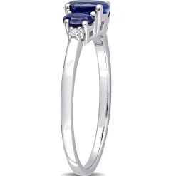 Oval Three-Stone Blue Sapphire Ring In 10K White Gold