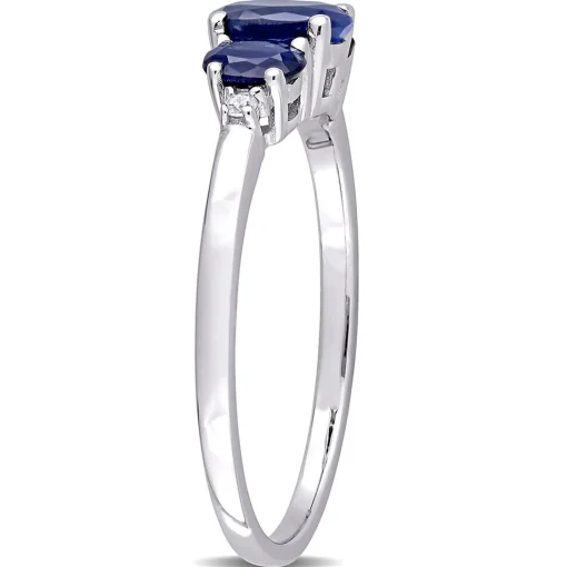 Oval Three-Stone Blue Sapphire Ring In 10K White Gold