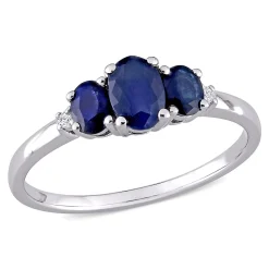 Oval Three-Stone Blue Sapphire Ring In 10K White Gold
