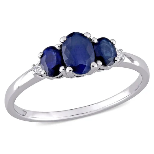 Oval Three-Stone Blue Sapphire Ring In 10K White Gold