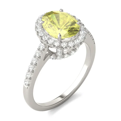 Oval Yellow Moissanite Halo Ring In 14K White Gold