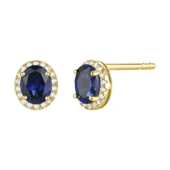 Oval-Shaped Blue Sapphire & Diamond Halo Stud Earrings In 14K Yellow Gold (1/10 Ct. Tw.)