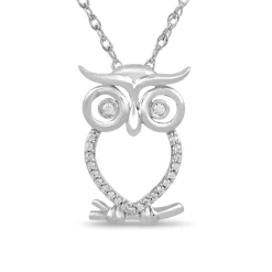 Owl Pendant With Diamond Accents In Sterling Silver