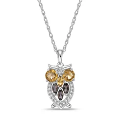 Owl Pendant With Smokey Quartz, Citrines, And White Sapphires In Sterling Silver