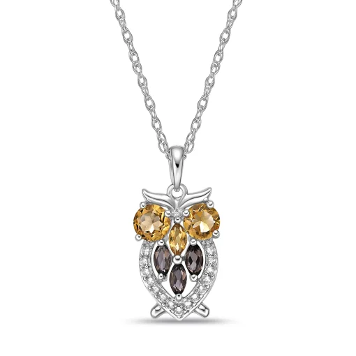 Owl Pendant With Smokey Quartz, Citrines, And White Sapphires In Sterling Silver