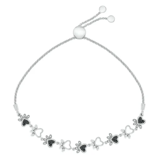 Paw Print Bolo Bracelet With Black & White Diamonds In Sterling Silver (1/10 Ct. Tw.)
