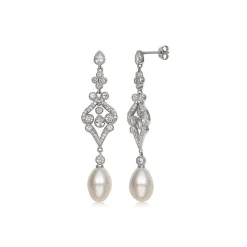Pearl & Cubic Zirconia Dangle Earrings In Sterling Silver