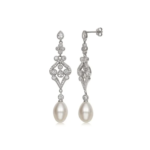 Pearl & Cubic Zirconia Dangle Earrings In Sterling Silver