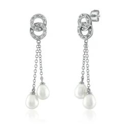 Pearl & Diamond Dangle Earrings In 14K White Gold (1/8 Ct. Tw.)