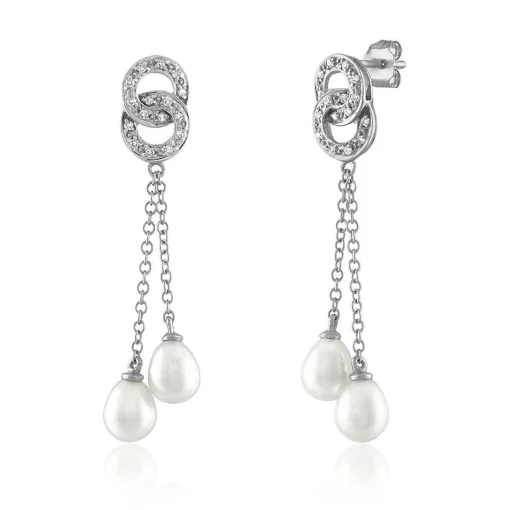 Pearl & Diamond Dangle Earrings In 14K White Gold (1/8 Ct. Tw.)