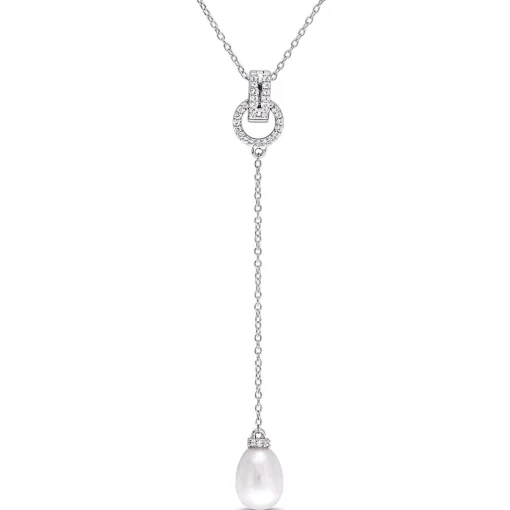 Pearl Drop Necklace With White Topaz In Sterling Silver