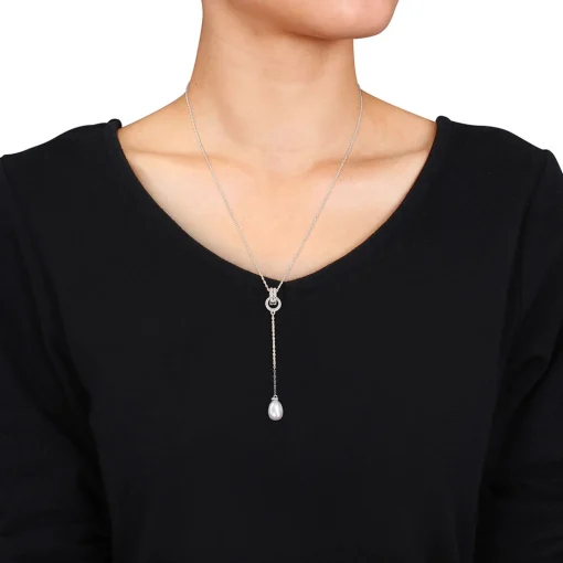 Pearl Drop Necklace With White Topaz In Sterling Silver