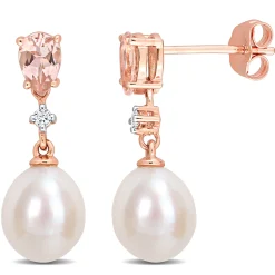 Pearl Earrings With Morganite And Diamond Accent In 10K Rose Gold