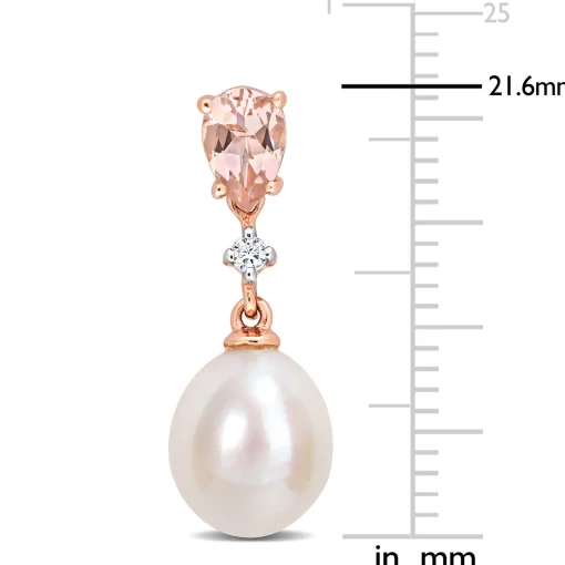 Pearl Earrings With Morganite And Diamond Accent In 10K Rose Gold