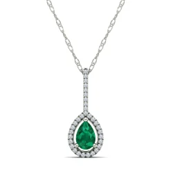 Pear-Shaped Emerald & Diamond Pendant In 14K White Gold