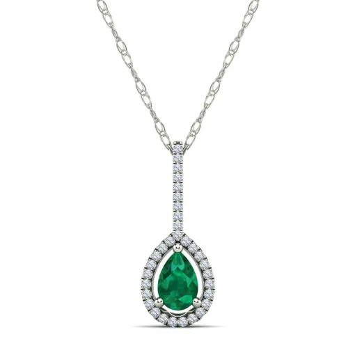 Pear-Shaped Emerald & Diamond Pendant In 14K White Gold