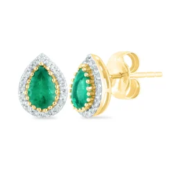 Pear-Shaped Emerald And Diamond Earrings In 14K Yellow Gold (1/7 Ct. Tw.)